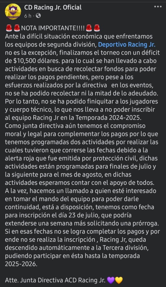 Racing Jr Armenia Segunda deudas economicas Apertura 2024 comunicado