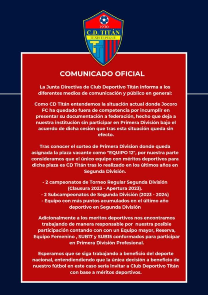 Titan comunicado invitacion Primera