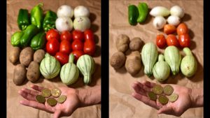 Comparación de la cantidad de verduras que se podían comprar hace tres años con la actualidad. Foto EDH / Menly González