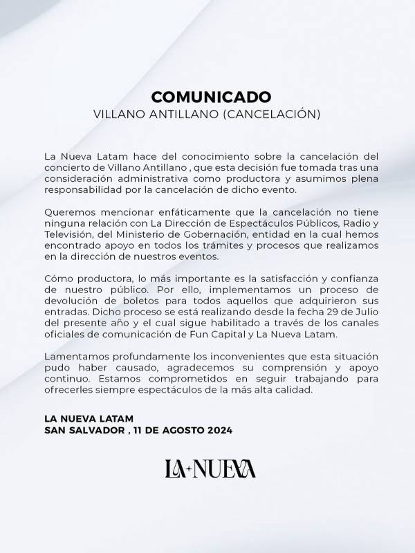 Comunicado La Nueva sobre show Villano Antillano