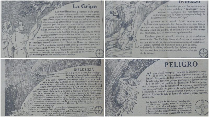 Anuncios comerciales de productos Bayer para tratar la influenza, cuya epidemia impactó a El Salvador entre 1918 y 1919; fueron publicados por Diario del Salvador (San Salvador, 1895-1934).