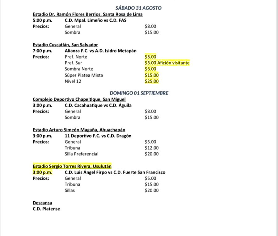 fecha jornada 8 ocho lmf liga mayor futbol primera division el salvador agenda calendario horario torneo apertura 2024