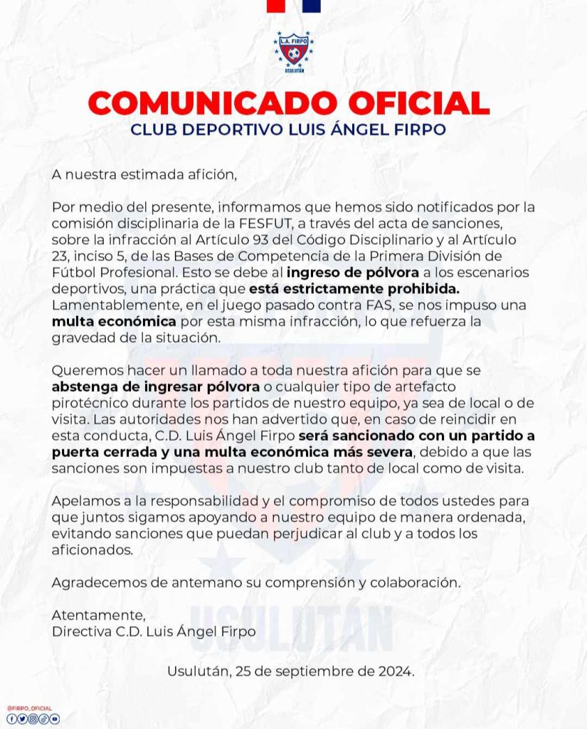 Comunicado Firpo quema polvora advertencia disciplinaria