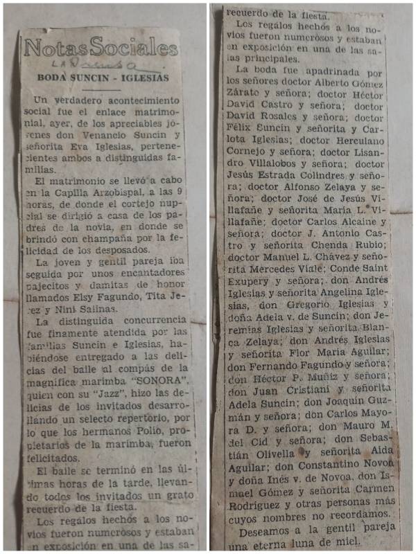 Nota social de la boda Suncin Iglesias de 1932