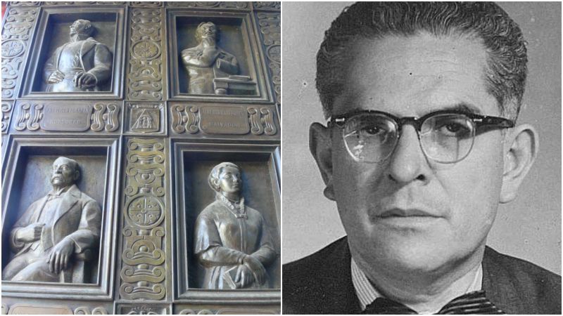 Masferrer en la puerta metálica de la biblioteca pública Jiquilpan, Michoacán, México / Foto del doctor Alonso Rochac Zaldaña, economista, banquero y seguidor masferreriano.