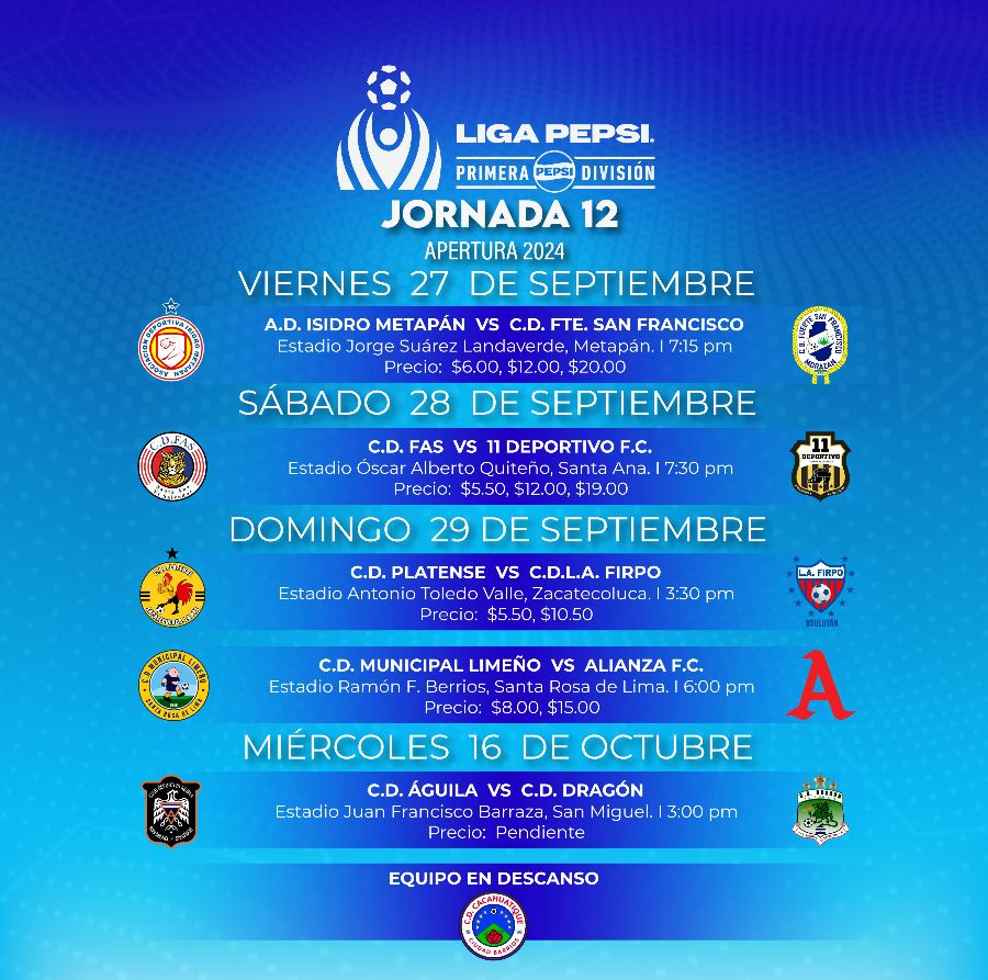 jornada 12 fecha horario calendario lmf liga mayor primera division el salvador