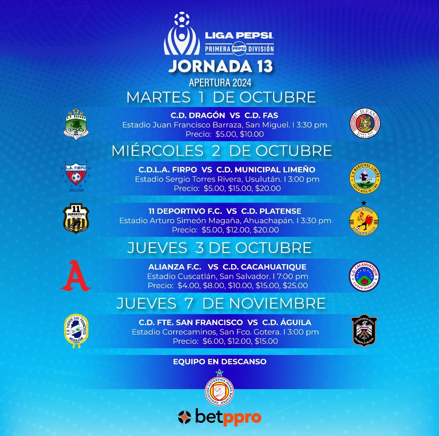 jornada fecha 13 trece horario calendario precios boletos entradas lmf liga mayor futbol primera division apertura 2024 el salvador