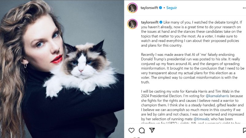 Taylor Swift ha expresado su apoyo a Kamala Harris; Trump no tardó en reaccionar,