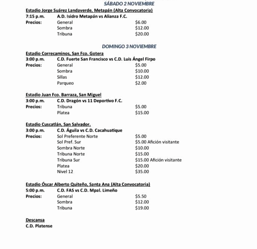 fecha jornada 19 liga mayor primera division futbol el salvador horario agenda calendario programacion noviembre