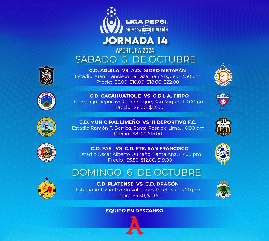 lmf jornada 14 horario primera division liga mayor futbol el salvador agenda horario precios detalles