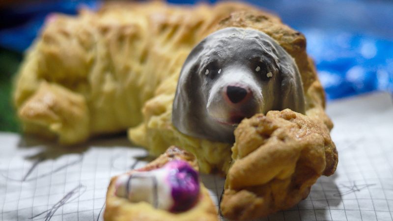 un pan con forma de perro, colocado en una mesa o altar en honor a los animales que murieron en los pasados incendios forestales, en La Paz (Bolivia).