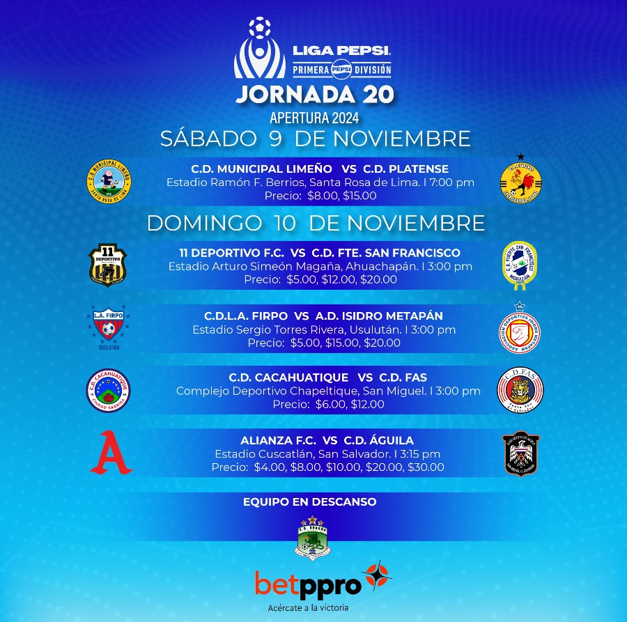 jornada fecha veinte 20 primera division liga mayor futbol el salvador torneo apertura 2024