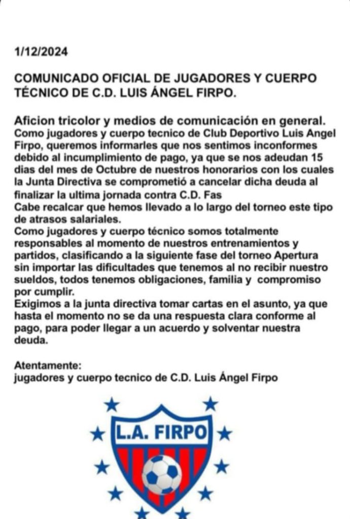 Firpo deuda cuartos de final Apertura 2024 Comunicado