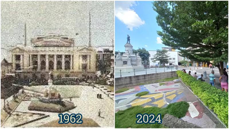 Antes y después de los espejos de agua de Plaza Morazán en San Salvador, del artista Carlos Cañas.