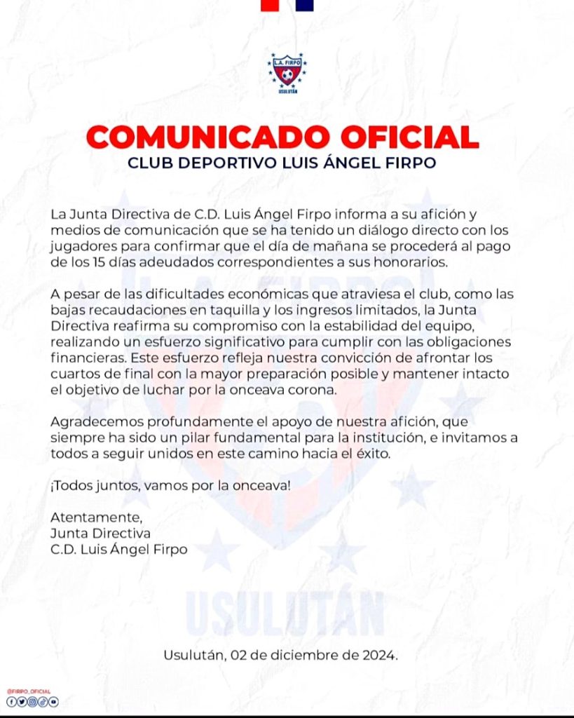 firpo deuda comunicado futbol el salvador