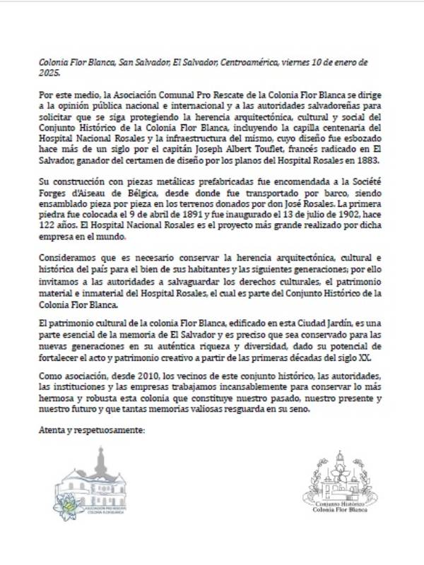 Comunicado Asociación Pro Rescate de la Colonia Flor Blanca en contra destruccion Hospital Rosales