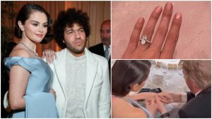 Selena Gomez y Benny Blanco se muestras felices de estar comprometidos en los Globos de Oro