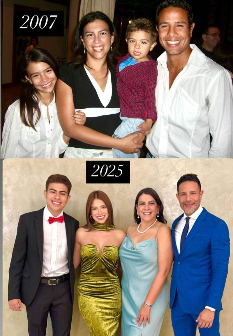 Billy Calderón y su familia, en 2007 y en la actualidad.