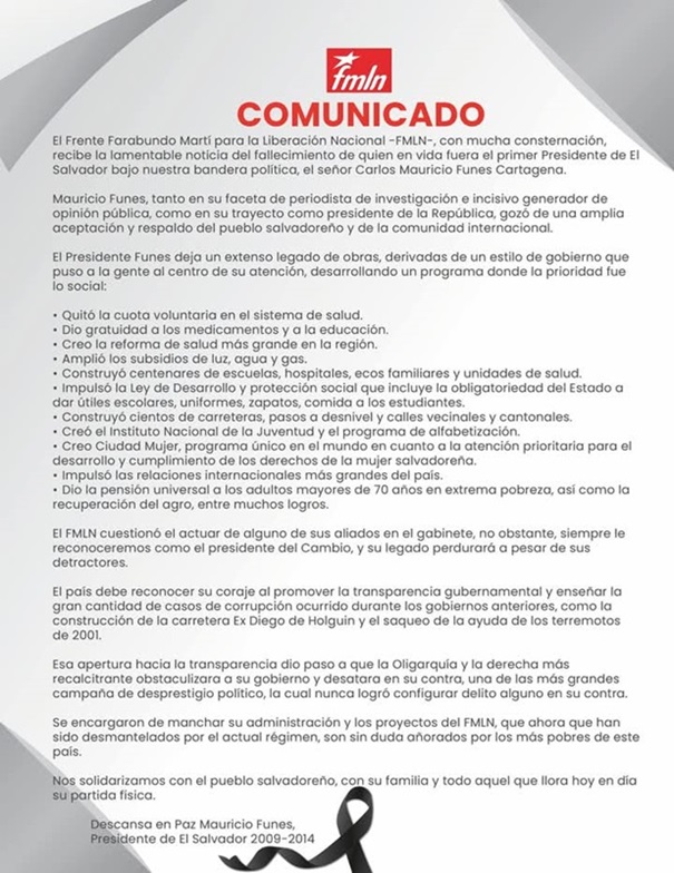 comunicado FMLN muerte de Funes