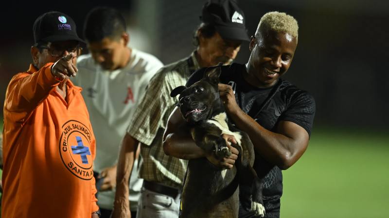 El delantero de Alianza, Carlos Salazar, se llevó un recuerdo agradable con un perrito Santa Ana. Foto: EDH/Francisco Rubio.
