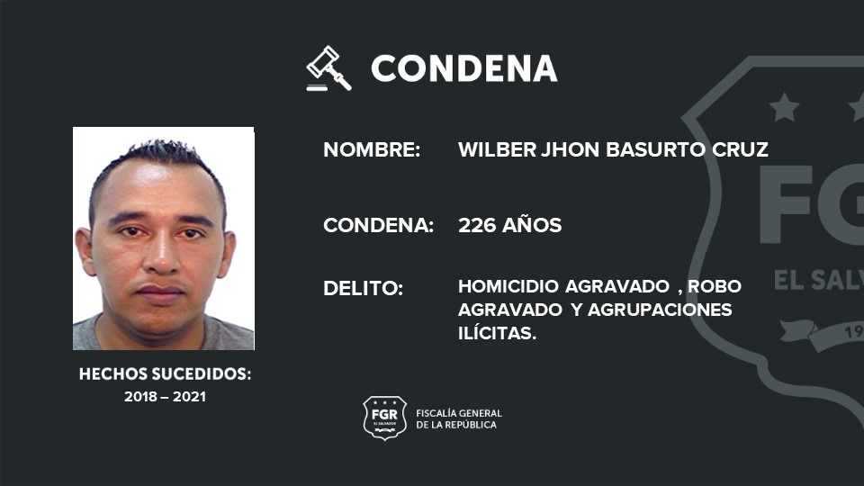 Wilber Jhon Basurto Cruz  fue sentenciado a 226 años de prisión como condena acumulada por varios homicidios, robos y agrupaciones ilícitas, delitos cometidos cuando entre 2018 y 2021 formó parte de un grupo criminal que inició como grupo de exterminio de pandilleros en Usulután y San Miguel. Foto EDH/Cortesía FGR