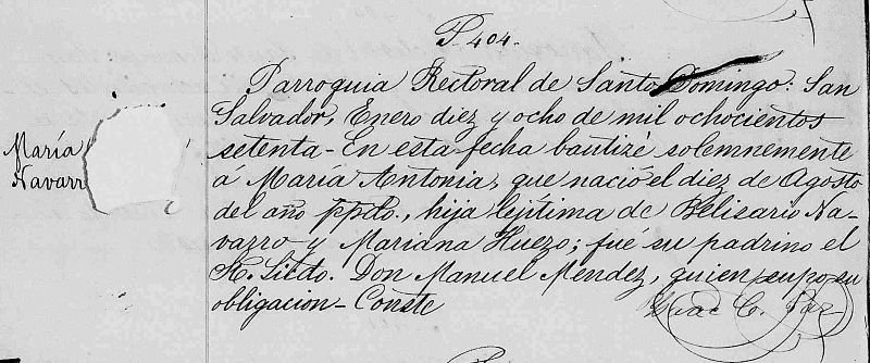 Fe de bautismo de la Dra. Navarro Huezo, que marca su fecha de nacimiento