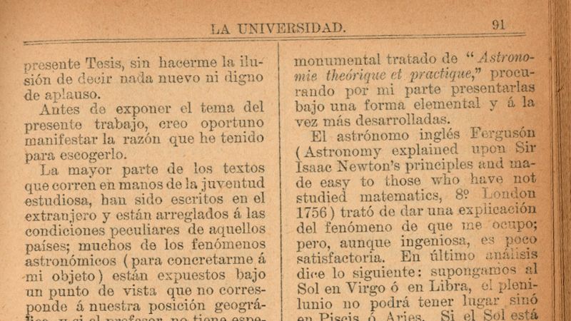 Fragmento de una de las cinco páginas de La luna de las mieses, tesis doctoral de María Antonia Navarro Huezo, defendida en la tarde del 20 de septiembre de 1889. 