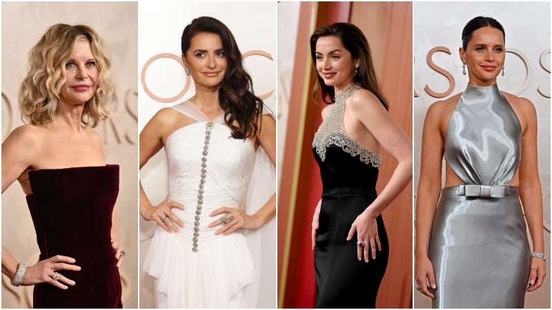 Las actrices Meg Ryan, Penélope Cruz, Ana de Armas y Felicity Jones durante su paso por la alfombra roja de los premios Óscar. Fotos: AFP