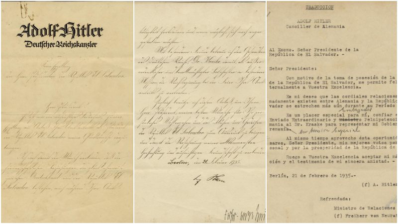 Carta autógrafa en dos páginas, dirigida por Hitler a Hernández Martínez. La traducción mecanográfica al castellano figura abajo. El conjunto documental se conserva en el archivo del Ministerio de Relaciones Exteriores, Antiguo Cuscatlán.
