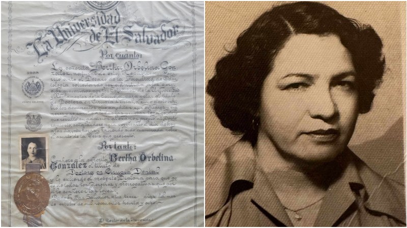 Título doctoral de Bertha Orbelina González Valdez (Izalco, 1910-San Salvador, 2009). Y fotografía de la Dra. Bertha Orbelina González Valdez, en 1959.

