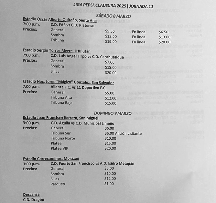 jornada fecha 11 once lmf liga mayor primera division el salvador clausura 2025