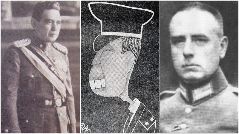 Foto oficial del general de brigada Hernández Martínez con la banda presidencial sobre el pecho. Caricatura de "Pecuecho" Hernández Martínez, también apodado El brujo de las aguash azhulesh, por su siseo al pronunciar. Fue publicada en 1932 en el periódico capitalino "Reforma Social". General Eberhardt Julius Georg Waldemar Bohnstedt.