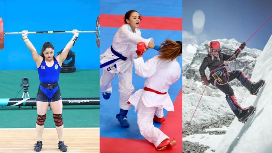 La pesista Victoria Grenni (i.), la karateca Gaby Izaguirre y la montañista Alfa Karina Arrué, en el esplendor de sus deportes. Foto: Cortesía Indes