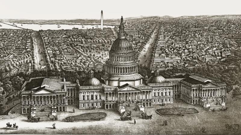 Grabado metálico hecho en 1860, con una vista a vuelo de pájaro de Washington, Distrito de Columbia, capital de los Estados Unidos de Norte América.