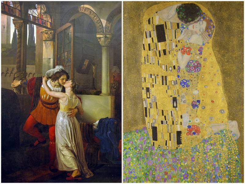 "El último beso de Romeo y Julieta" de Hayez y "El beso" de Gustav Klimt