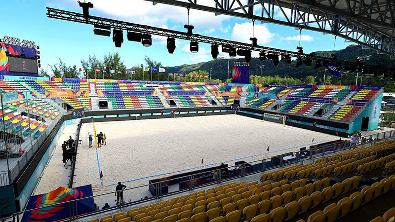 The Paradise Arena, la sede de la Copa Mundial de fútbol playa Seychelles 2025. Es el mismo estadio que se usó en el Mundial Dubai 2024. Foto: Cortesía INDES