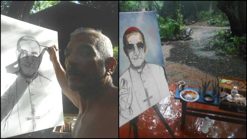 Pintor Luis Lazo Chaparro pintando a San Romero en 2016