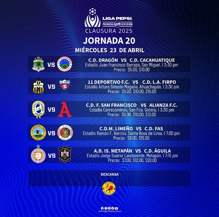 jornada 20 agenda calendario lmf liga mayor clausura 2025 el salvador
