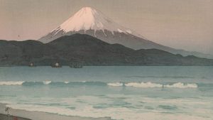 El monte Fuji y los sampanes en la bahía, pintados por Hiroshi Yoshida.