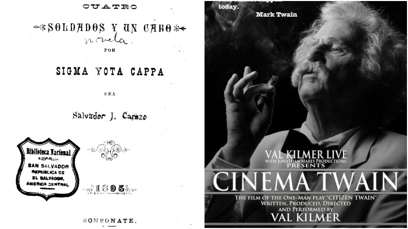 1. Portadilla de la noveleta publicada por Carazo. 2. En 2019, el recientemente fallecido actor Val Kilmer protagonizó Citizen Twain, una película y obra de teatro donde encarnó al autor como crítico mordaz de la sociedad estadounidense.