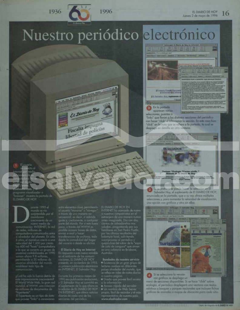 Página de periódico impreso de 1996 anunciando el lanzamiento de la versión electrónica de El Diario de Hoy en internet.