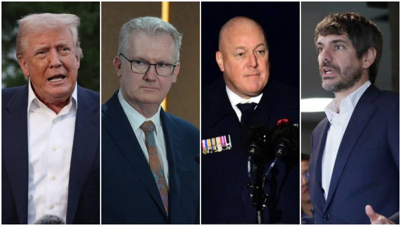 Presidente Trump (i), el ministro australiano Tony Burke, el primer ministro de Nueva Zelanda Christopher Luxon, y el ministro de Cultura de España Ernest Urtasun. / 