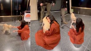 Salma Hayek jugando con un perrito