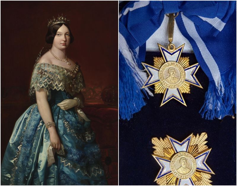 1. Su Alteza Real Isabel II, Reina de España, en una copia del retrato al óleo pintado hacia 1850 por el artista español Federico de Madrazo y Kuntz. Imagen cortesía del Banco de España, Madrid. 2. Orden José de Marcoleta, instituida por la República de Nicaragua.