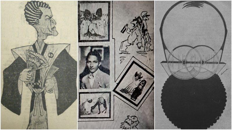 1. Escritor y diplomático León Sigüenza Mineros (1895-1942), por Max León. 2. Óscar Urrutia con algunas de sus creaciones. 3. Caricatura geométrica de Jorge Lardé Arthés (1891-1928), por su cuñado Salarrué.