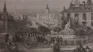 Grabado metálico alemán de la calle Alcalá, en Madrid, hacia 1850. Imagen proporcionada por la Biblioteca Nacional de España, Madrid.