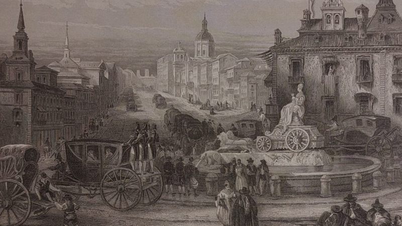 Grabado metálico alemán de la calle Alcalá, en Madrid, hacia 1850.
Imagen proporcionada por la Biblioteca Nacional de España, Madrid.