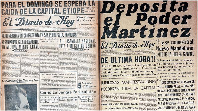 Primera portada de El Diario de Hoy, sábado 2 de mayo de 1936; y portada que anticipó en un día la caída de la dictadura martinista.