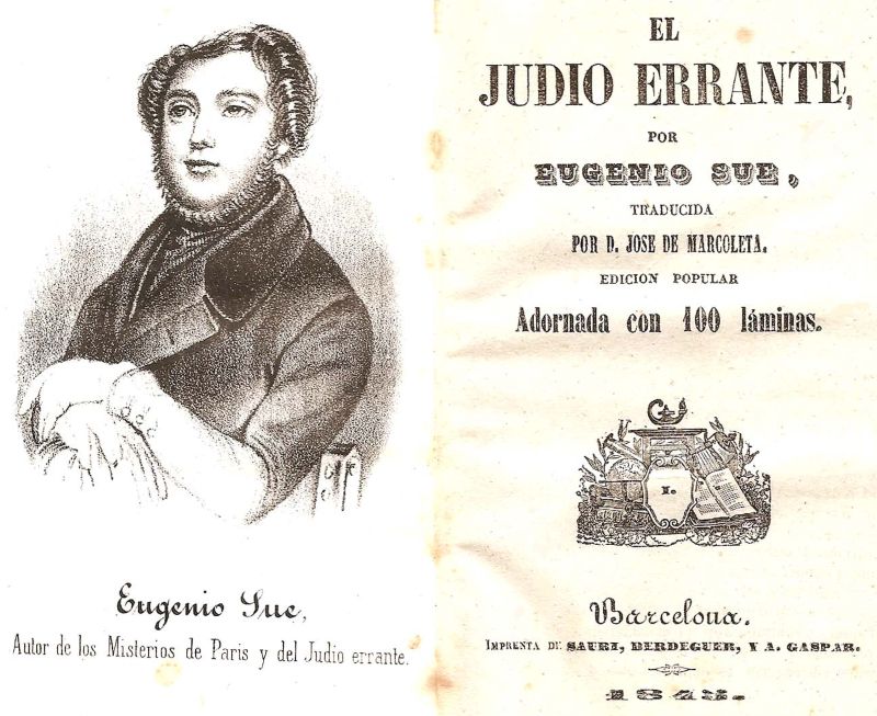 Portadilla de la edición popular de los seis tomos de la novela “El judío errante” (Barcelona, 1845), traducida del francés por José de Marcoleta y Casaus.