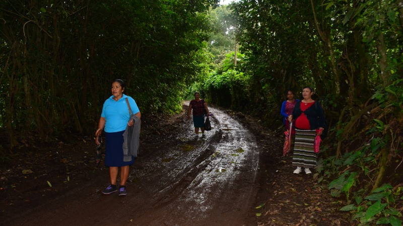 Un grupo de mujeres camina hacia el cantón Quezalapa, en Apaneca, Ahuachapán Centro, ante la falta de transporte público. El transporte alternativo vale $3 por persona. / 